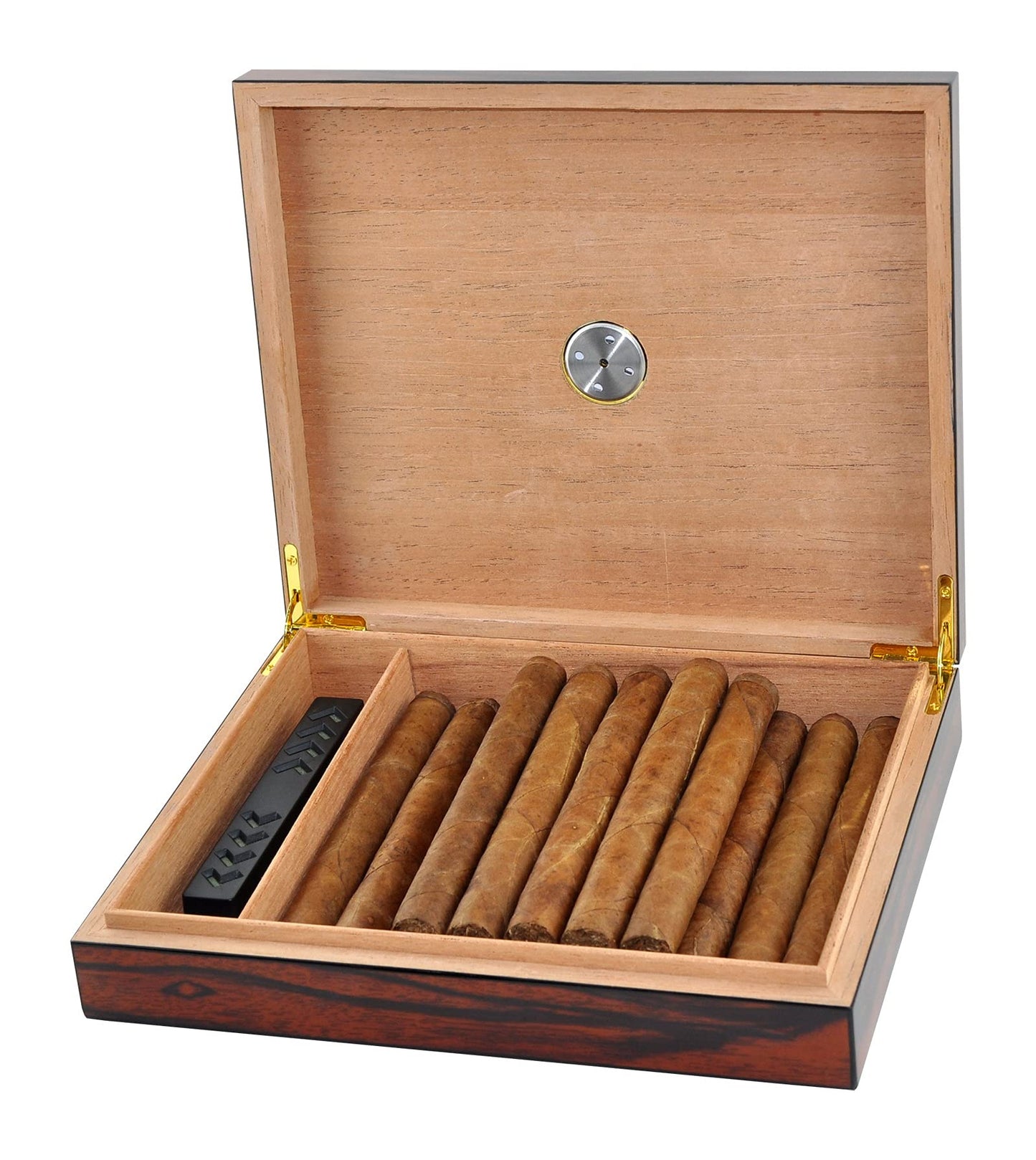 Eitida Cigar Humidor for 20 cigars, handcrafted with tempered glass and cedar wood. Includes humidifier, hygrometer, airtight seal, and glass lid. Perfect gift for men. Color: Makassar Brown.