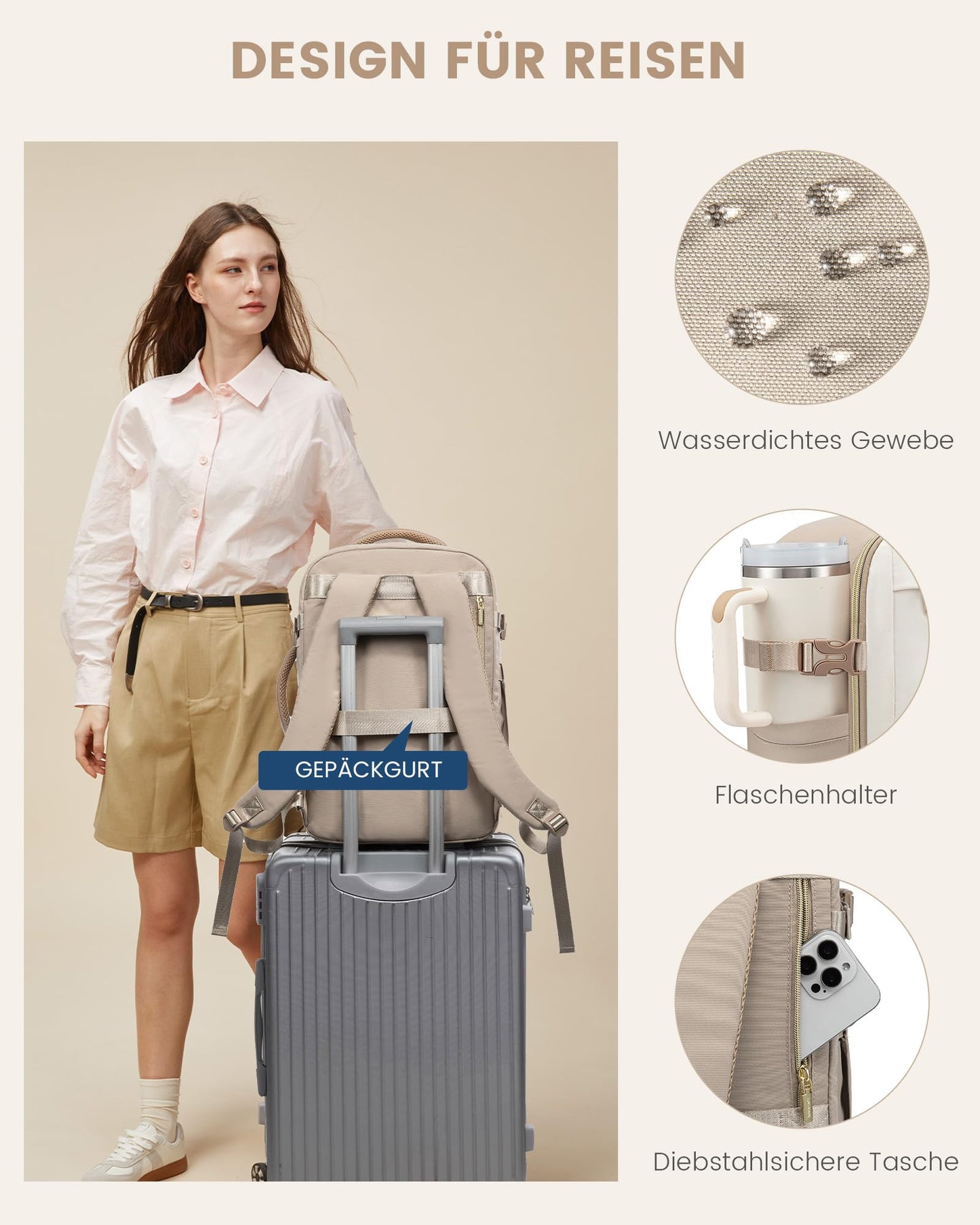 LOVEVOOK Ryanair Carry-on 40x20x25, 20L Travel Backpack for Women, Ryanair Carry-on Backpack, Women's Backpack, Cabin Bag Travel Backpack for Eurowings, Wizz Air, Vacation Must Haves - Khaki Beige