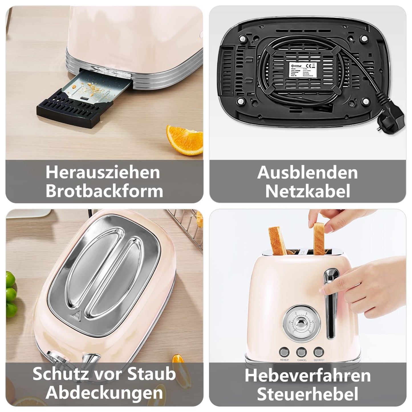 Wiltal Toaster 2 slices, retro design, with bun rack, stainless steel lid, preheat, defrost, cancel functions, countdown timer display, Quick-Toaster (cream)