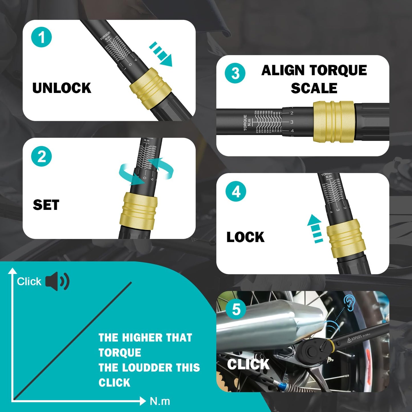 ANPUDS Torque Wrench 1/2", 20-220Nm Automotive & Motorcycle Torque Wrench 6-pc. Set with 125mm Extension Bar, 1/2"-3/8" Adapter, 3 Sockets 17mm 19mm 21mm, for Tire Replacement.