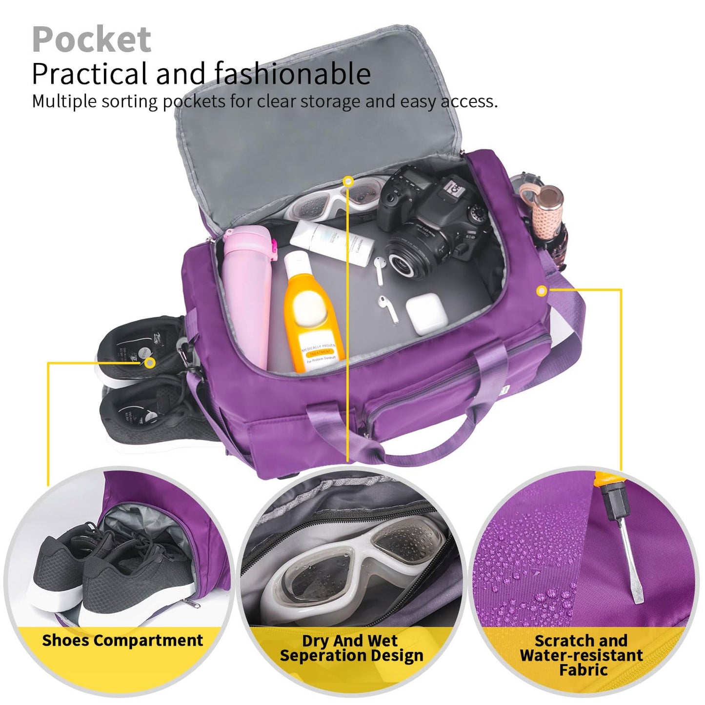 FIORETTO 35L Women's sports bag with shoe compartment and wet pocket, water resistant weekender gym travel bag, carry-on bag for women and men. Grape purple.