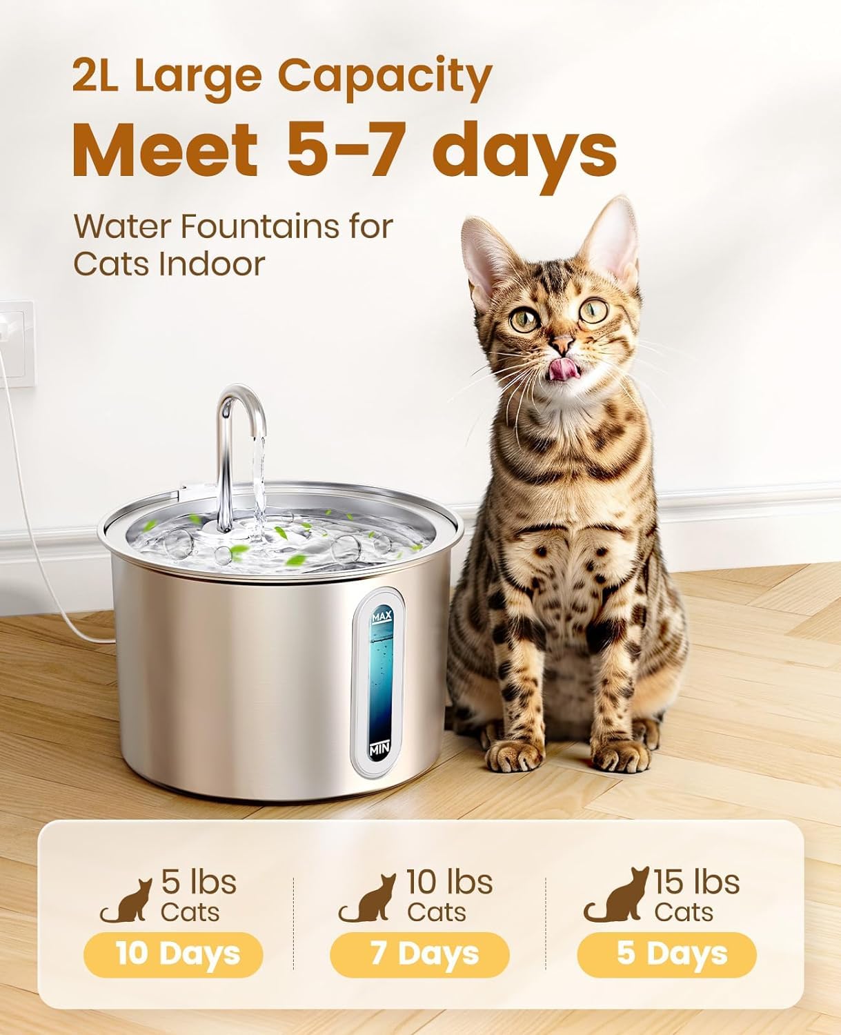 oneisall Cat Fountain Stainless Steel, 2L Drinking Fountain for Cat, Super Quiet Cat Drinking Fountain with Water Level Window, Water Fountain for Cat, 3 Activated Carbon Filters, LED Light, Dishwasher Safe