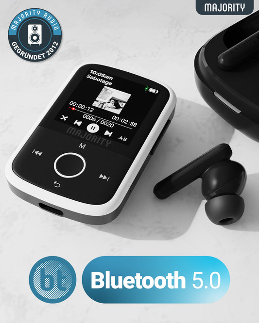 MP3 Player Bluetooth | 16GB internal storage, expandable up to 128GB | MP3 player with clip | USB-C | 34 hours battery life | Music player | MAJORITY MP3-GO