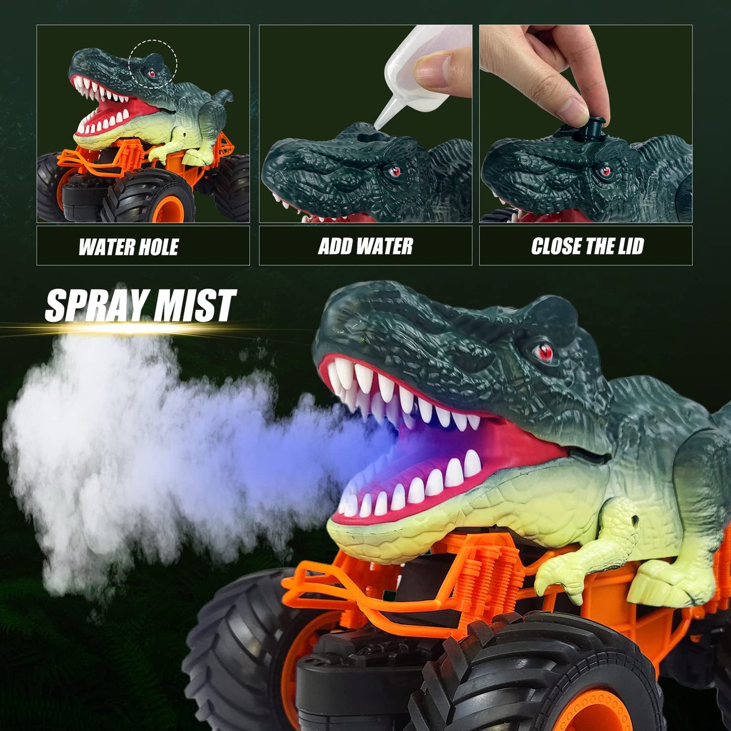 BOBOTATA Remote Control Car Kids Monster Dinosaur Truck Toy for Ages 3 4 5 6 7 8+, 2.4 GHz with Lights, Sounds, Spraying, All Terrain RC Cars Toy Gifts for Boys Girls