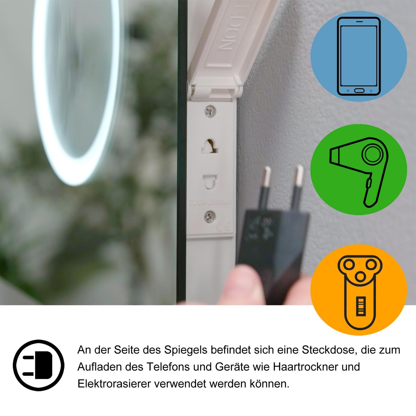MEESALISA LED bathroom mirror 100x70 cm with lighting Bathroom wall mirror Anti-fog light mirror with socket Clock Touch Dimmable