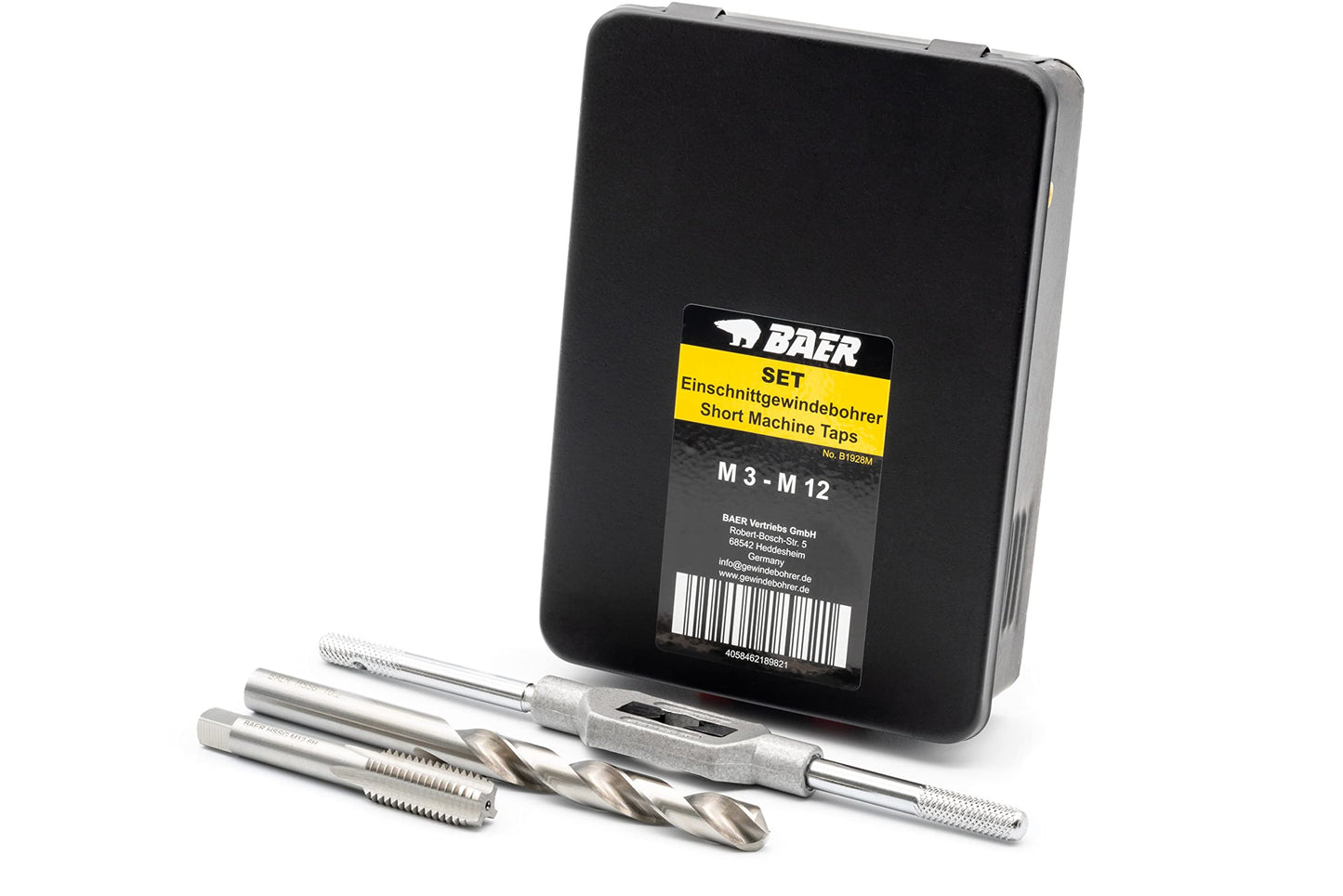 BAER Thread Cutting Set M3 - M12 HSSG - 15 pcs. | Thread tap set with center drill & tap wrench | Professional thread cutting set in metal case | Tap set