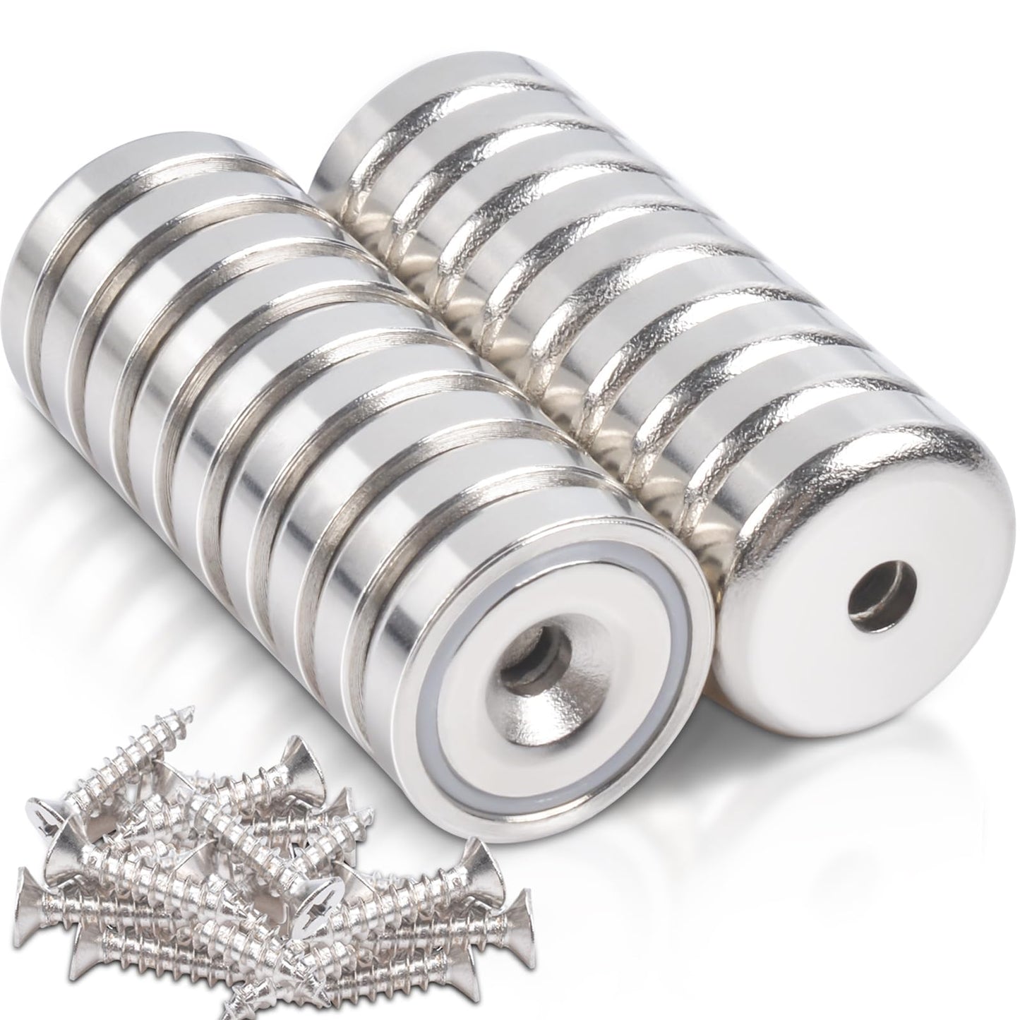 18 pieces Neodymium Magnets Extra Strong 10 KG Force 20 X 7 mm with Hole and Cap, Countersunk Pot Magnet with Screws and Steel Cushions, Strong Magnets for Kitchen, Bathroom, Magnetic Board, Offices