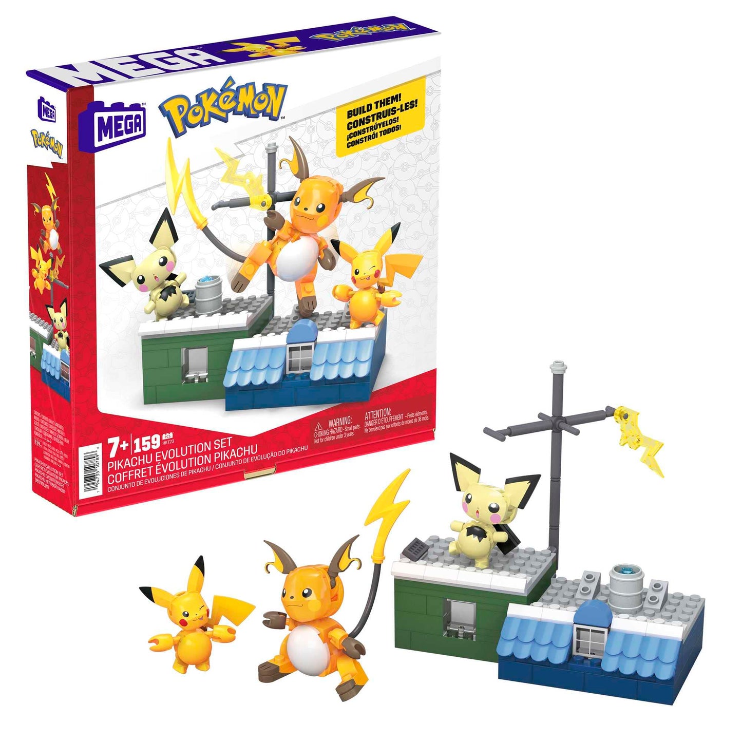 Mega Brands POKÉMON Pikachu - Evolution set with Pichu, Pikachu, and Raichu, featuring themed environment and battle effect elements, for kids 6+. HKT23