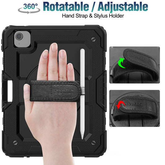 SEYMAC stock case for iPad Air 5th/4th generation 10.9 inch, shockproof protective cover with pencil holder, screen protector, 360° rotatable stand/hand strap, shoulder strap, black.