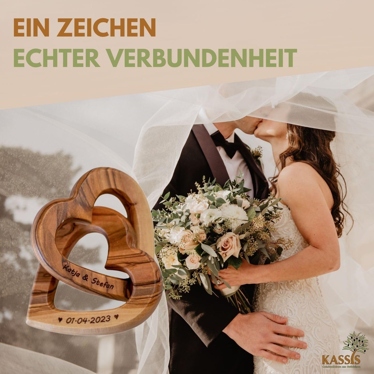 Kassis Gift Items Personalized Olive Wood Hearts for bride and groom, for Valentine's Day, anniversary, wedding day, birthday - connected wooden hearts - wedding gift - (7.50 cm)