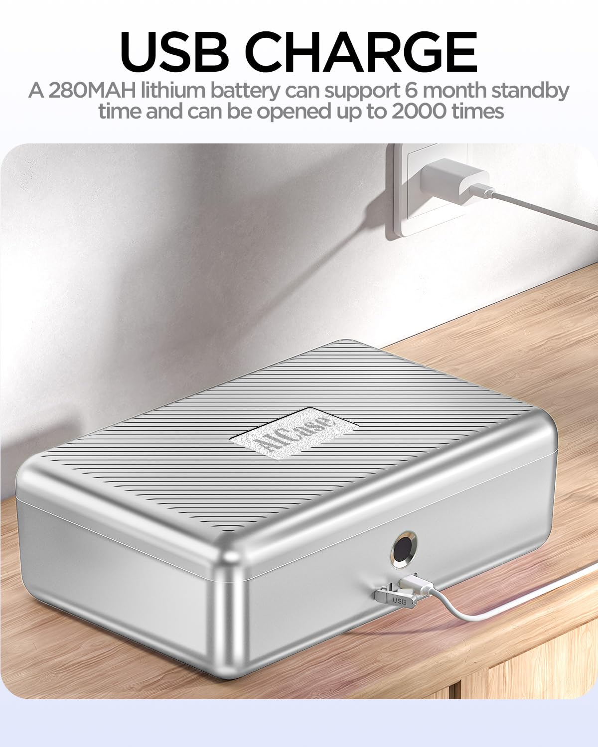 AICase safe with biometric fingerprint recognition for on-the-go and at home, Portable security box with fingerprint and morse code; Cash box, Safe Deposit Box; Silver