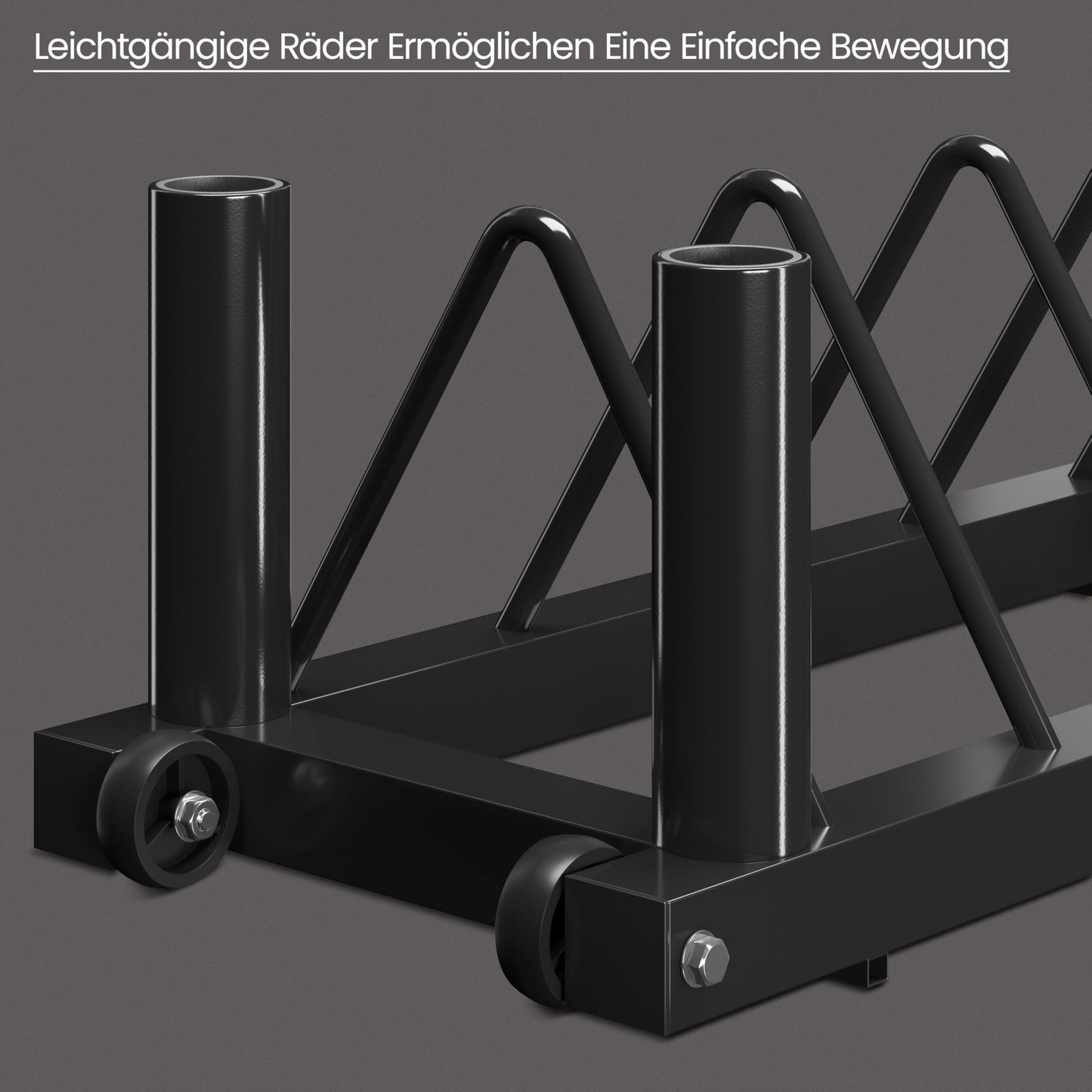 Yaheetech weight plate storage rack with 4 slots and 2 barbell holders on wheels. Supports up to 300 lbs of weight.