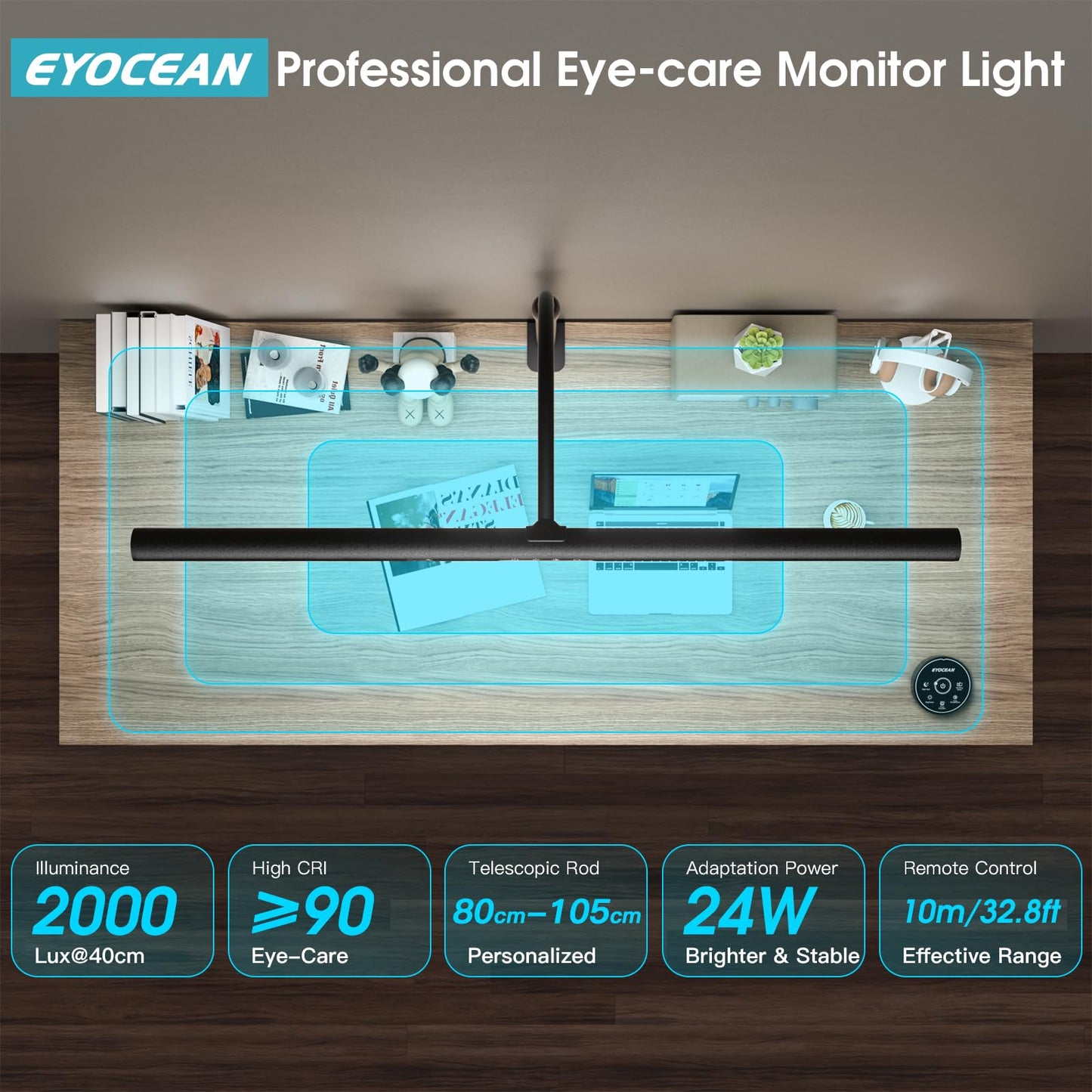 EYOCEAN desk lamp LED, 24W 80CM table lamp with gesture control, dimmable daylight lamp eye protection monitor lamp for office workers readers architects tailors.