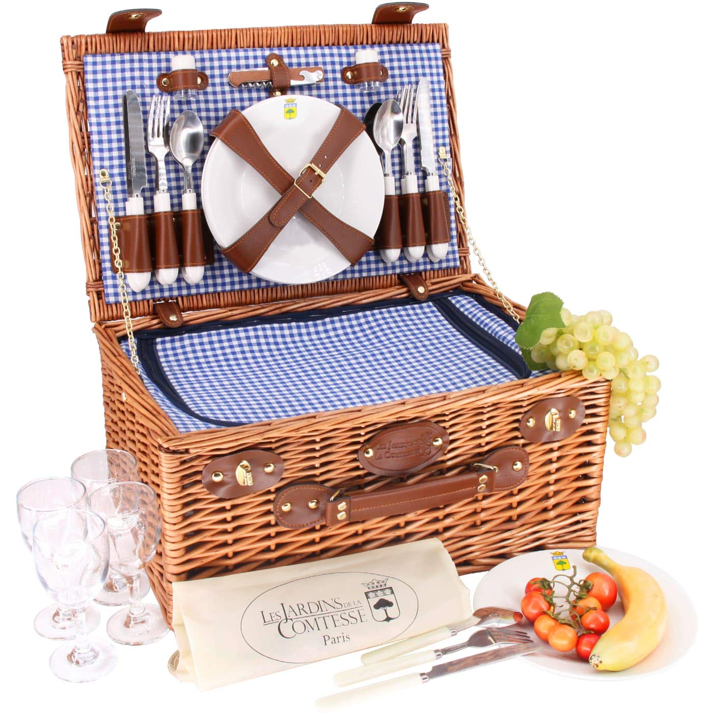 The Countess's Gardens - Marly Picnic Basket - Vichy fabric - complete - 4 people - cooler compartment - ceramic plates and glass wine glasses - 46 x 31 x 20 cm