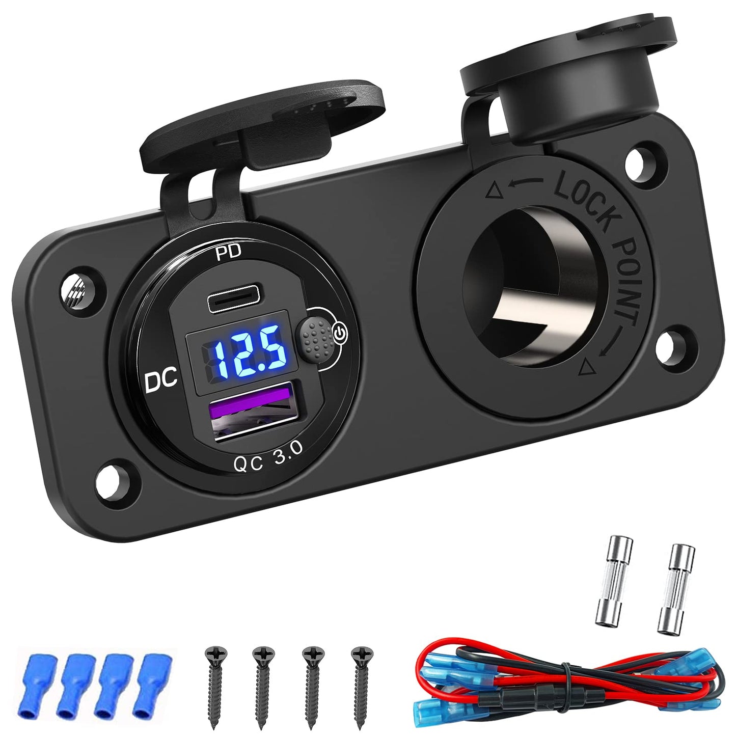 Cigarette Lighter Socket 12V USB Flush Mount Socket: Qidoe Aluminum Alloy 20W PD3.0 Car USB Outlet Waterproof Voltage Monitor 12V Socket 300W 24V Socket QC3.0 for Car Boat RVs