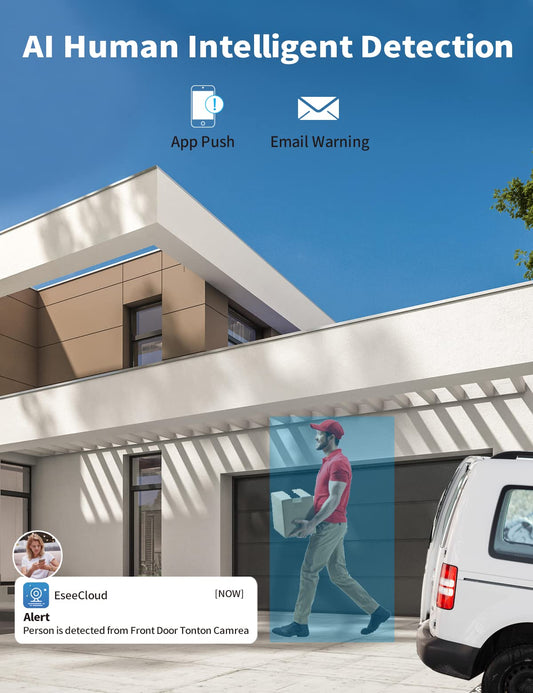 2K WiFi surveillance camera set with two-way audio, 5MP 10CH wireless NVR, 8x3MP wireless outdoor cameras, PIR motion detection, waterproof, spotlight warning, works with Alexa, 2TB storage.