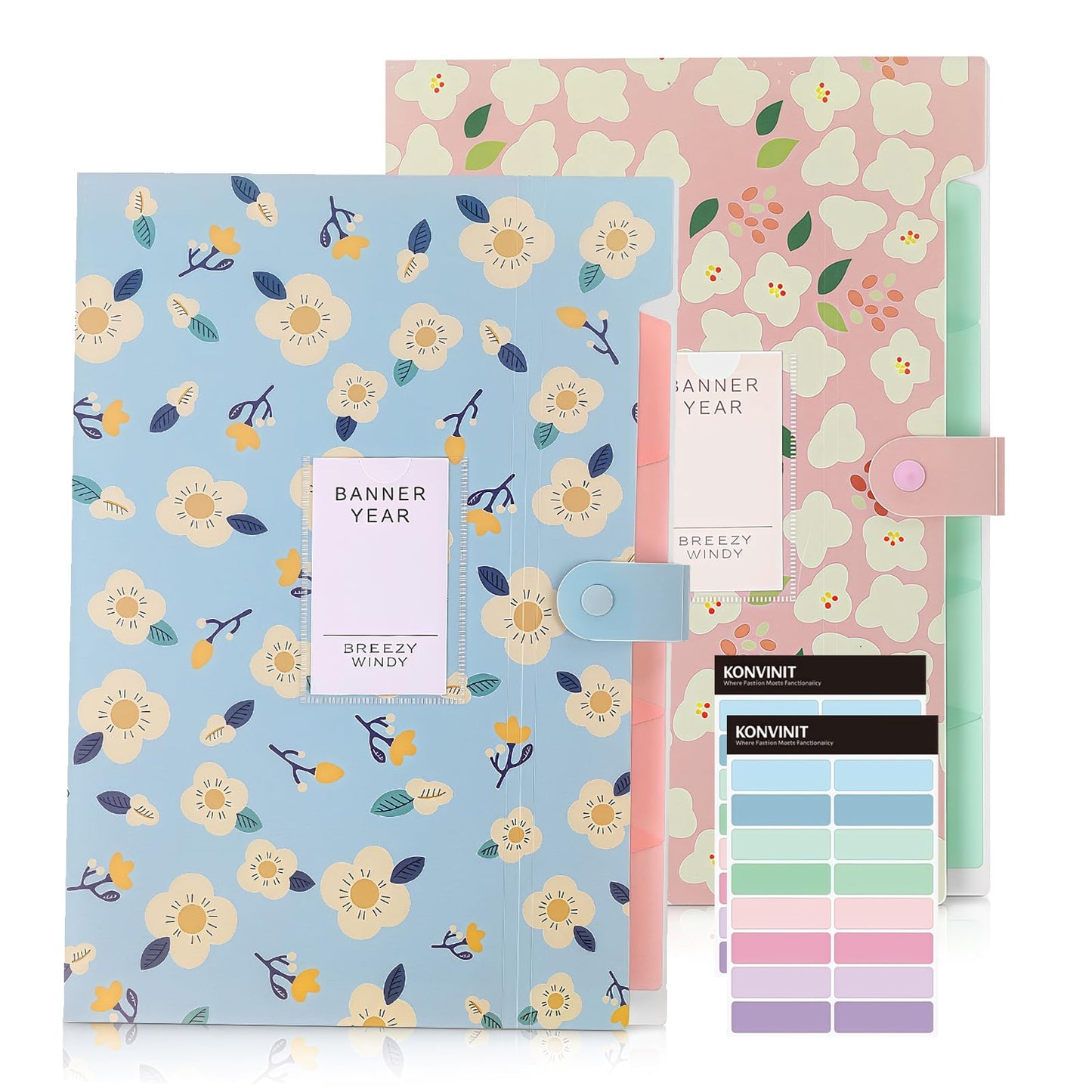 KONVINIT document folder expanding A4 file folder with 5 compartments Expandable organizer folder for school/home/work/office School supplies aesthetic, 2 pieces