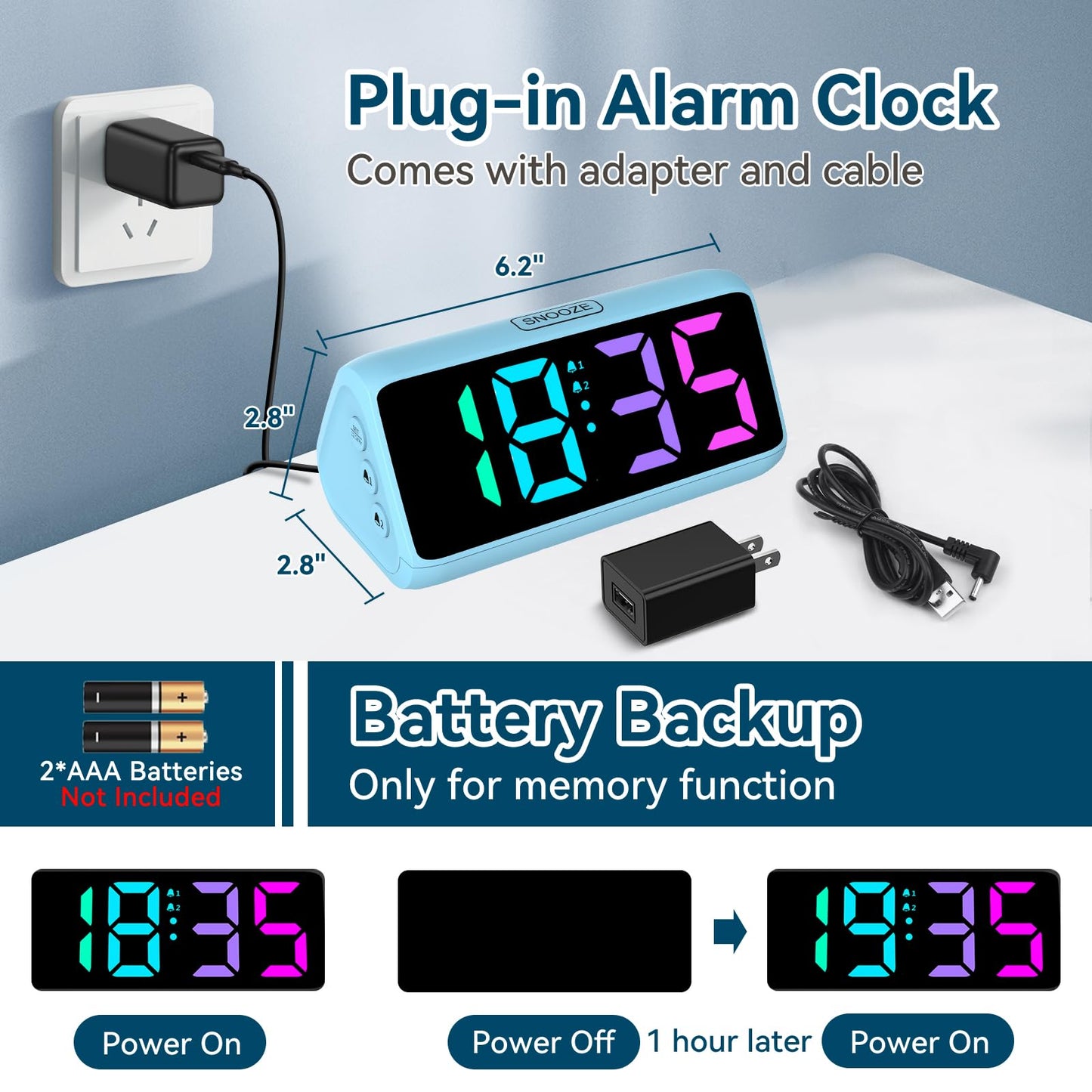 Loud alarm clock for heavy sleepers, Digital Alarm Clock with Colorful Display, Dual alarms, 5 brightness levels, 4 volume levels, Snooze function, Bedside Alarm Clock for kids, teens, seniors, and heavy sleepers.