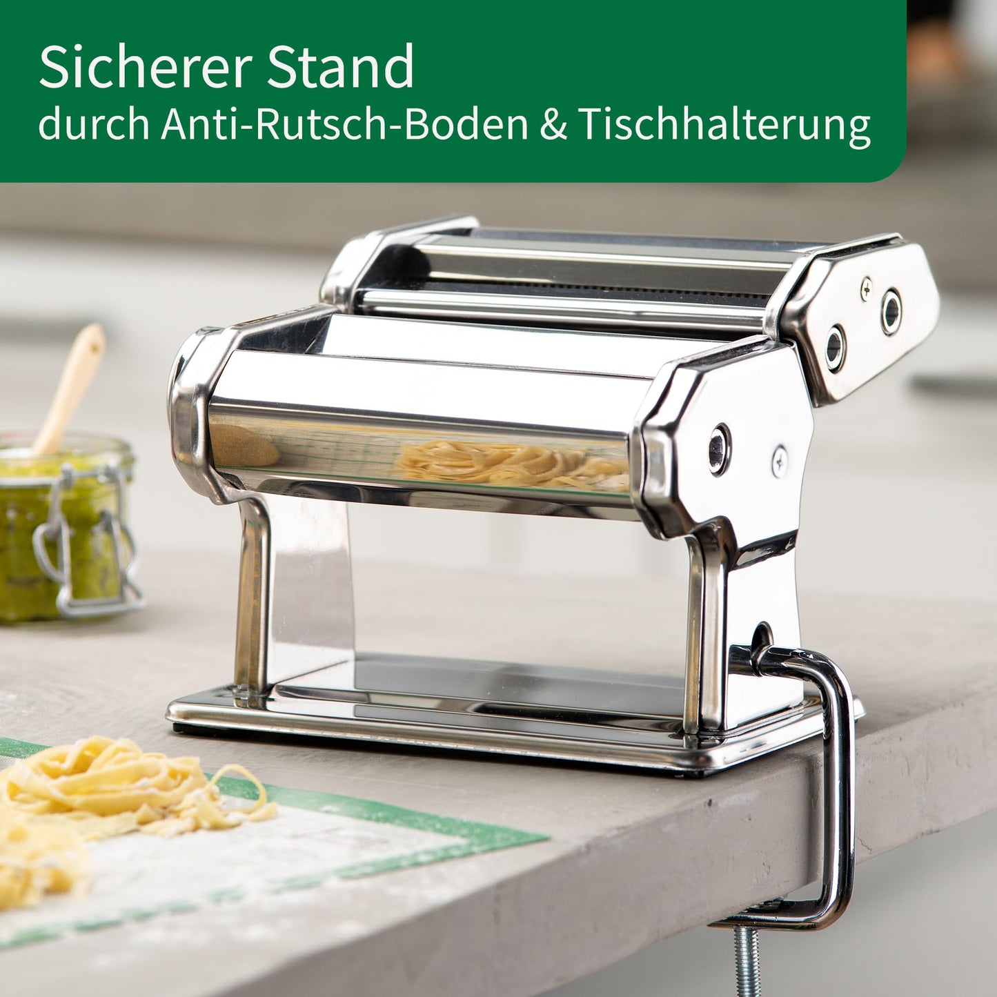 Chef Pasta Maker for delicious pasta - attachments for lasagna sheets, tagliatelle & spaghetti - includes table clamp and anti-slip base