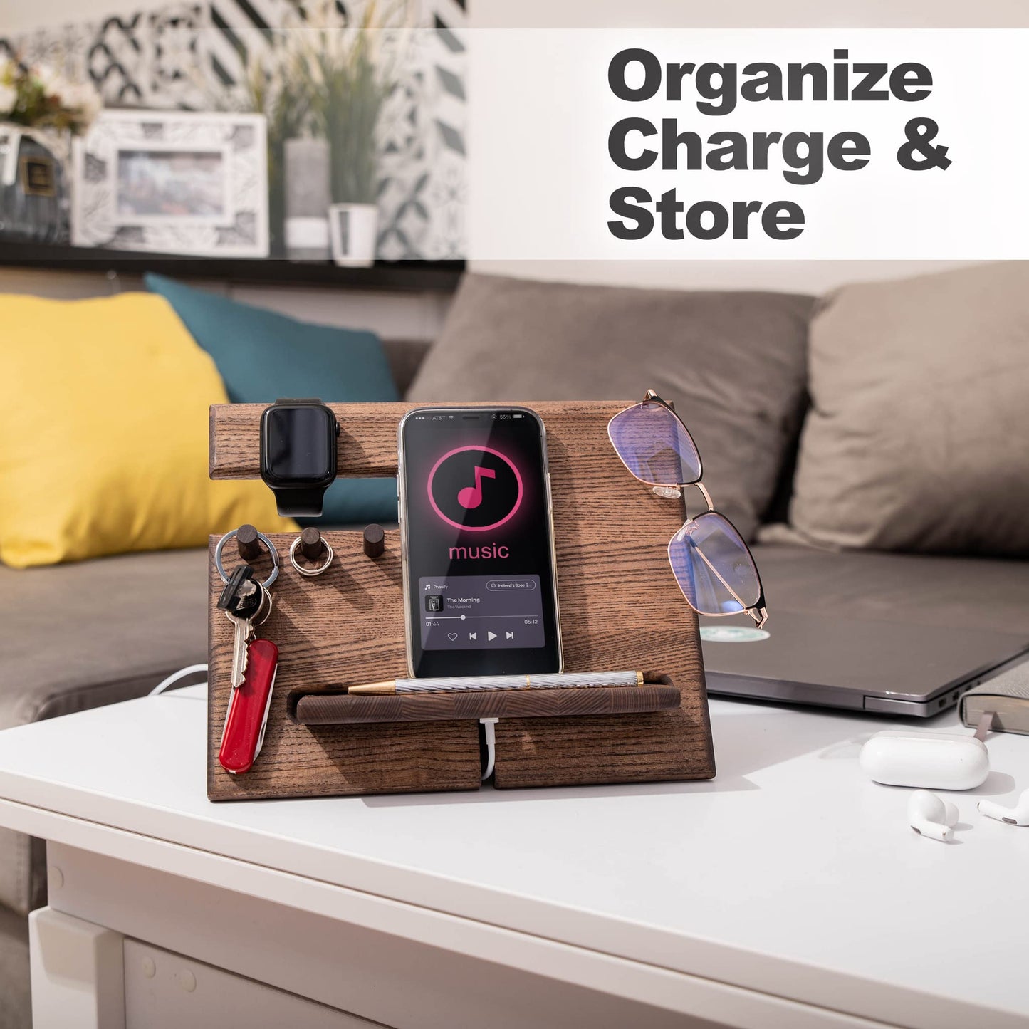 TESLYAR Desk Organizer Wood Ash Wenge - Phone Stand & Key Organizer with 3 Hooks for Office Storage & Organization - Wooden Gifts for Men Ideas