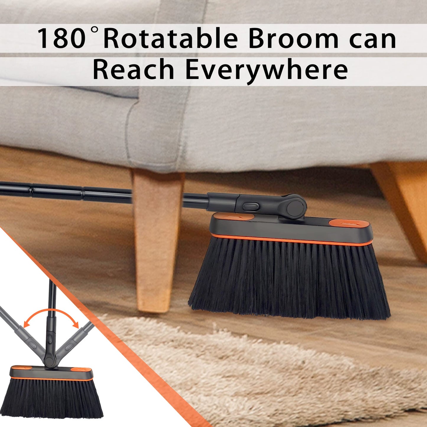 JEHONN Broom and Dustpan Set with Long Handle, 180° Rotatable Sweeper and Dustpan Combo for Home, Office, Lobby Cleaning