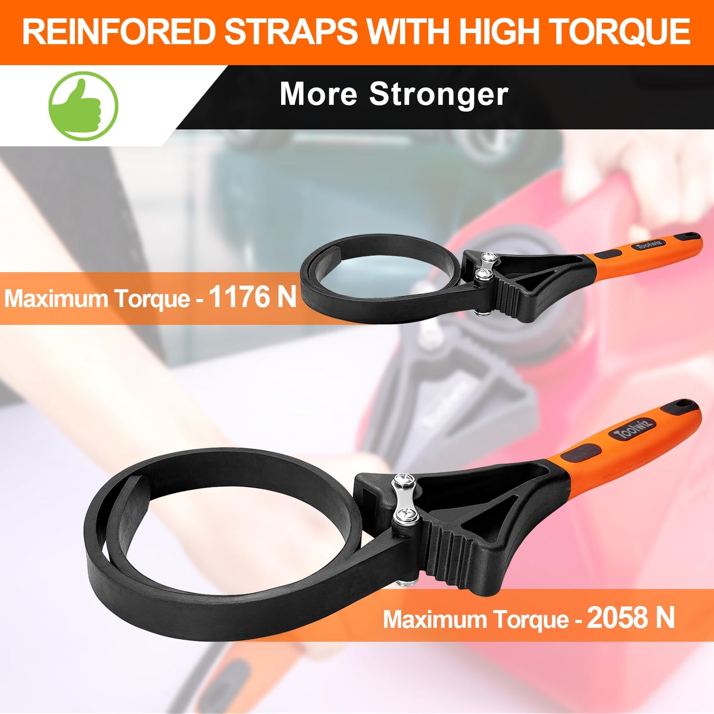 Toolwiz band wrench set, 2-piece oil filter wrench set, universal rubber band wrench for glass opening, pipe wrench, plumbing - Orange