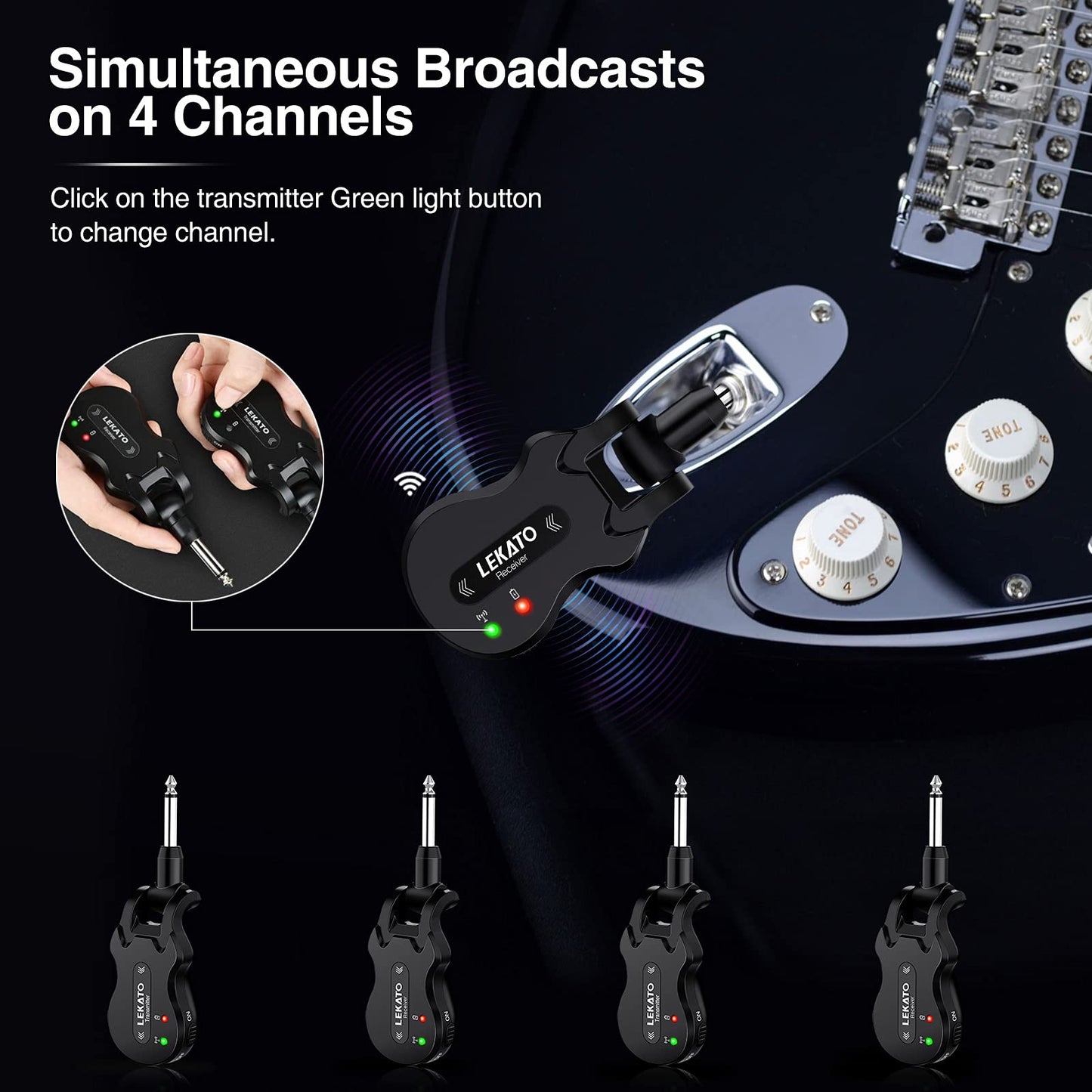 LEKATO 5.8 GHz Wireless Guitar System Rechargeable digital guitar cable with strong anti-interference capability for bass guitars