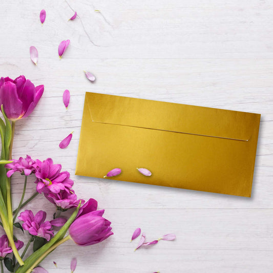 100 Gold Metallic Envelopes DIN Long - 11 x 22 cm - Self-Adhesive - shiny envelopes for big invitations and cards, wedding & Christmas