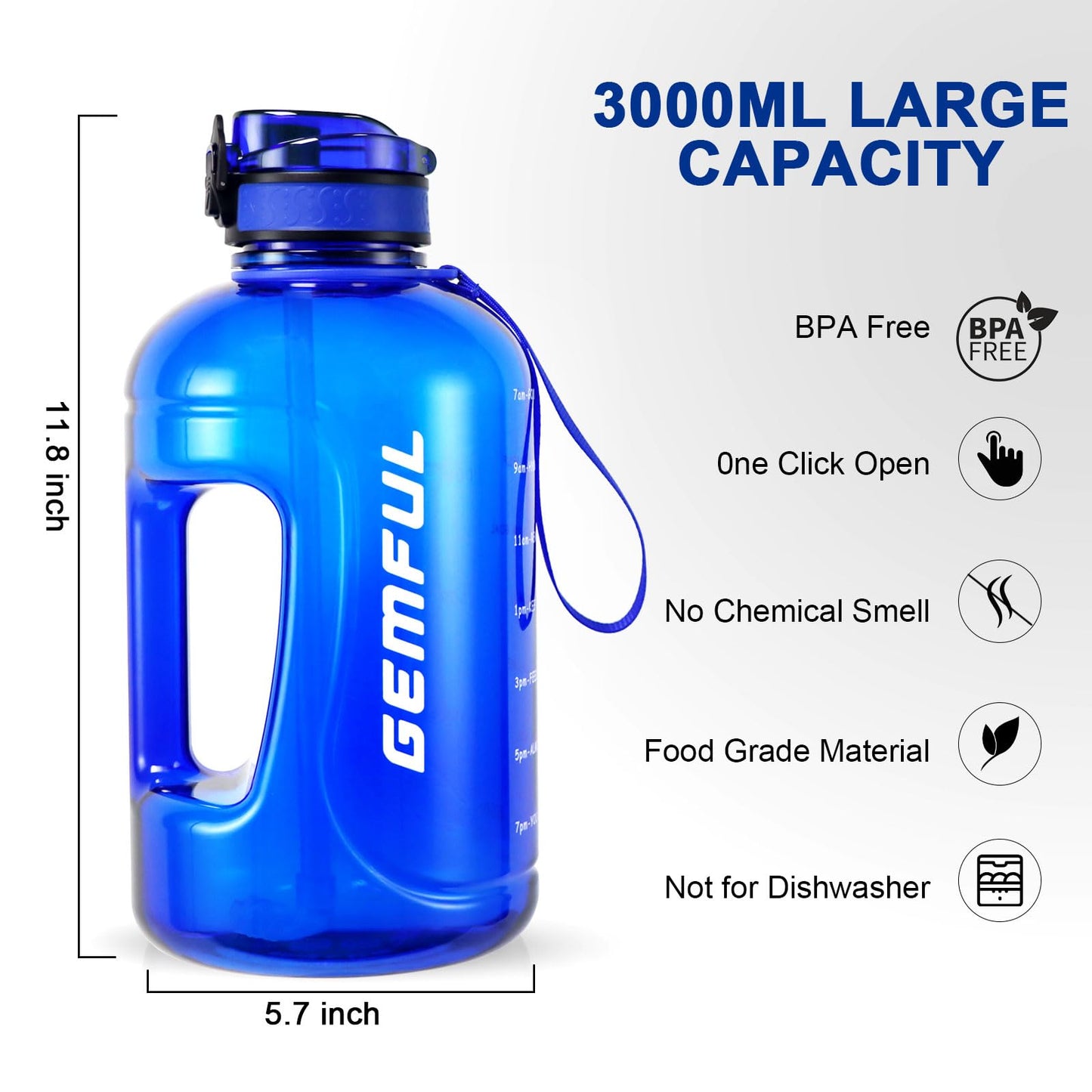 3L Motivational Water Bottle with Straw, Time Markings, & Handle! Stay hydrated & crush your fitness goals at the gym, outdoors, & in the office (Royal Blue)