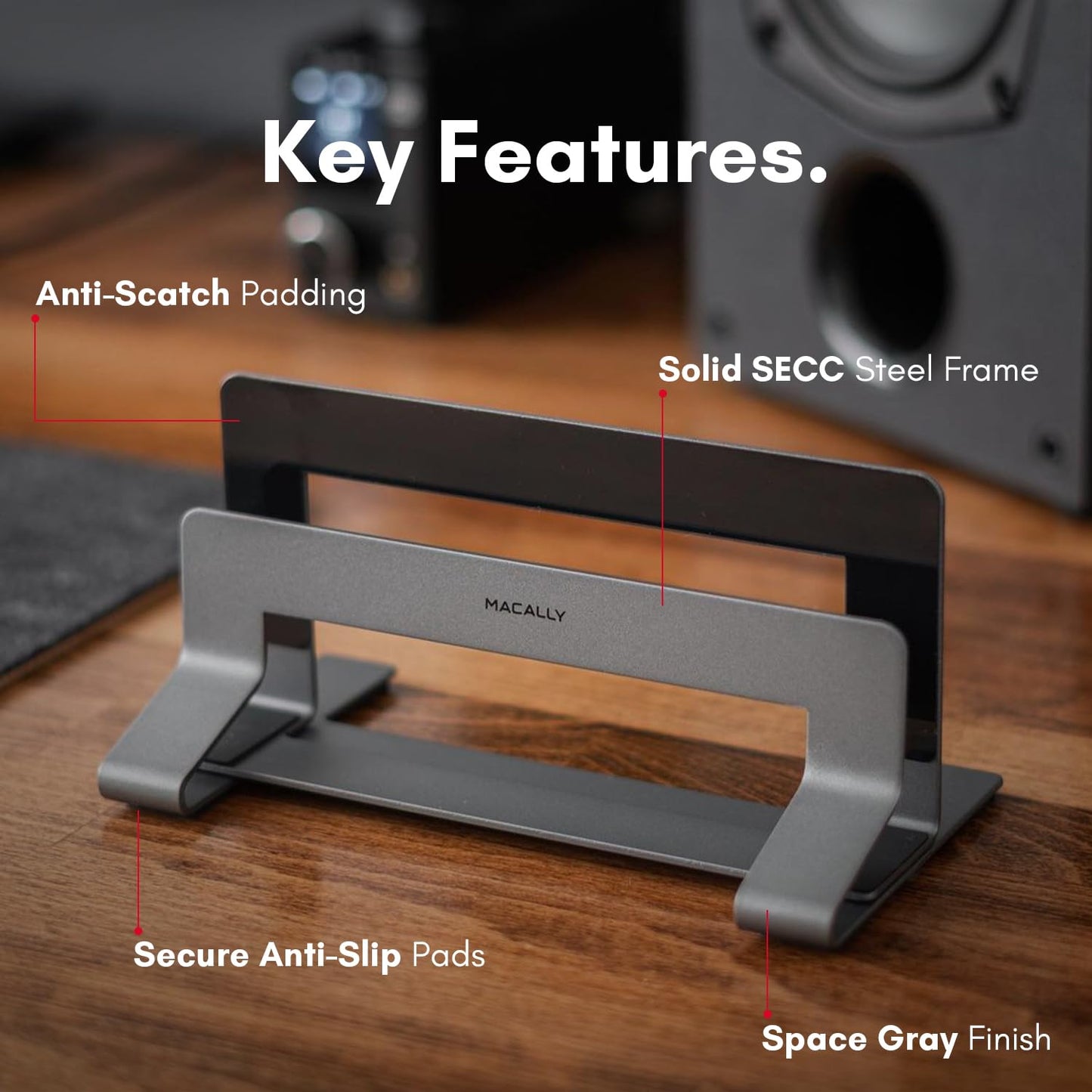 Macally Vertical Laptop Stand frees up desk space and adjusts to fit various laptops such as Apple MacBook, Asus Chromebook Flip, Samsung Notebook 9, Lenovo ThinkPad, Dell XPS, and Acer Switch.
