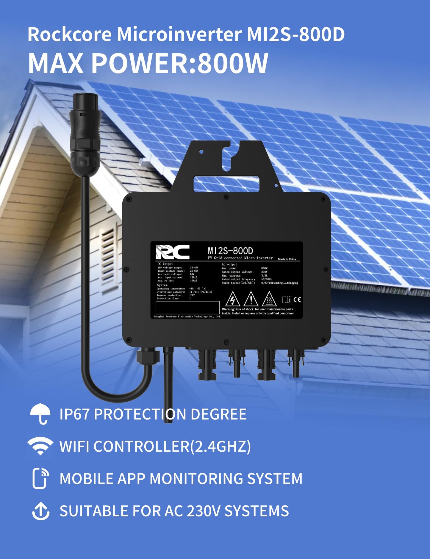 RC Micro Inverter 800W, 26-60V DC input, solar inverter MPPT micro grid-tie converter with WiFi monitoring for mobile phones, black, 0% VAT.