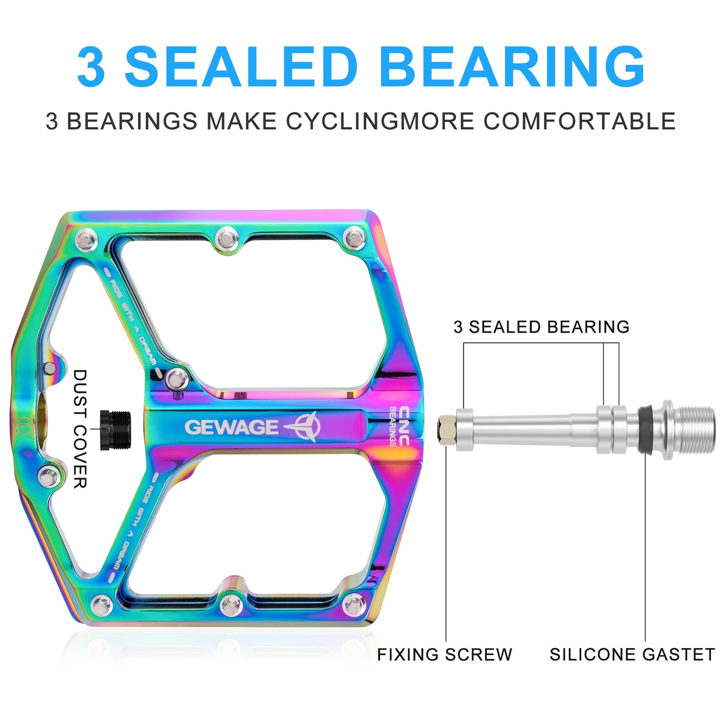 Daring road/mountain bike pedals - 3 bearing bike pedals - CNC-machined 9/16-inch flat pedals with removable anti-slip pins (Colored)