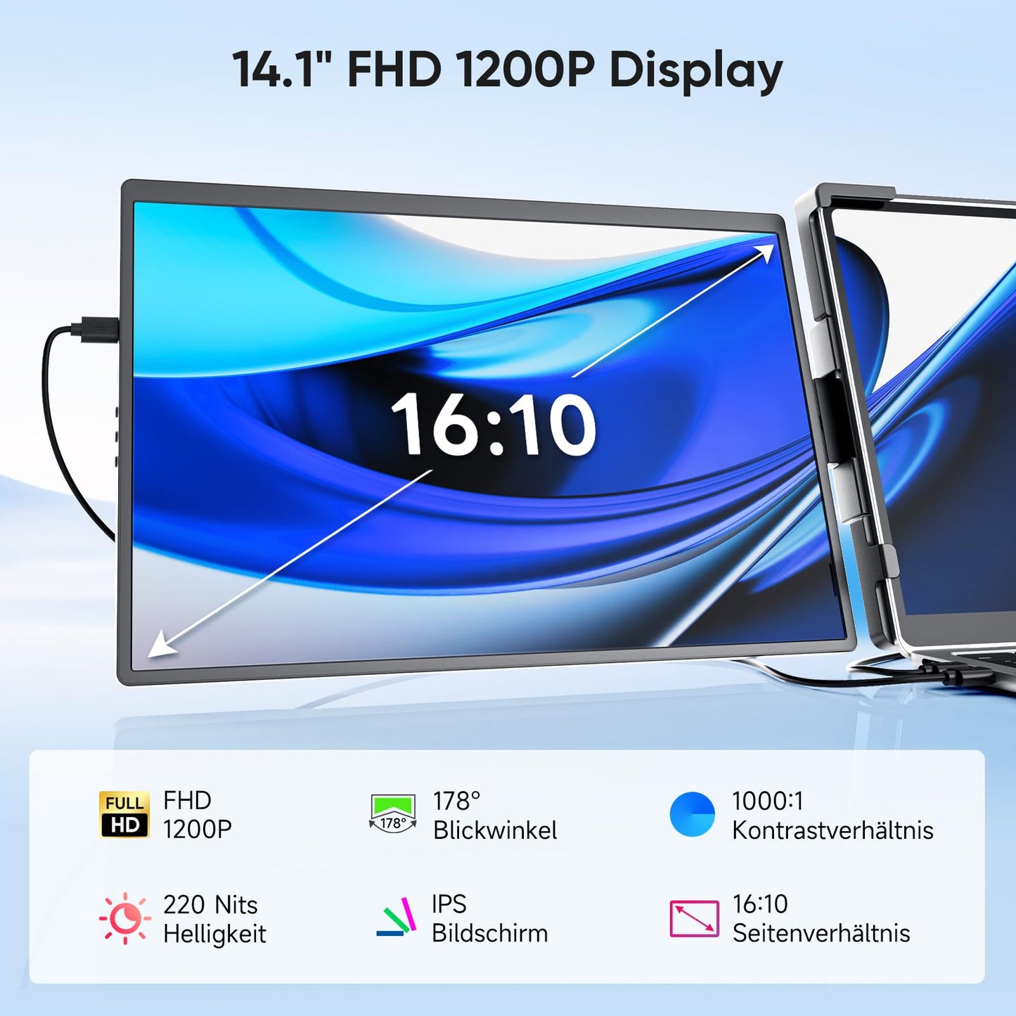 2025 Newest Laptop Screen Extender, 14.1" FHD 1200P IPS Display laptop screen extension, Plug & Play Triple Monitor, compatible with 14"-17" for Windows, Mac, Android, Chrome