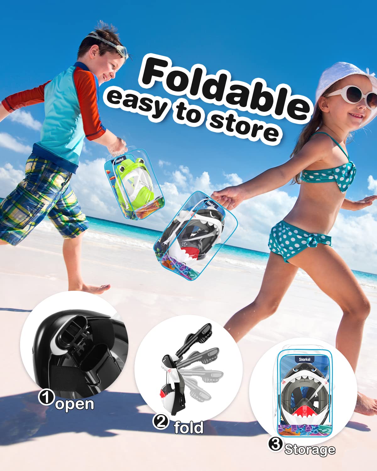 Urmax's snorkel mask for kids, 180° panoramic view, full face mask, safe breathing, diving mask, anti-fog and leak-proof, suitable for children, gift.