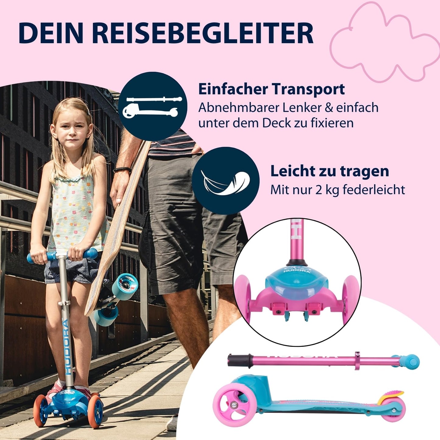 HUDORA Scooter Flitzkids 2.0 I Sturdy kids scooter with large footplate I Height-adjustable & portable mini three-wheel scooter for up to 50kg I Three-wheel scooter made of aluminum for children.