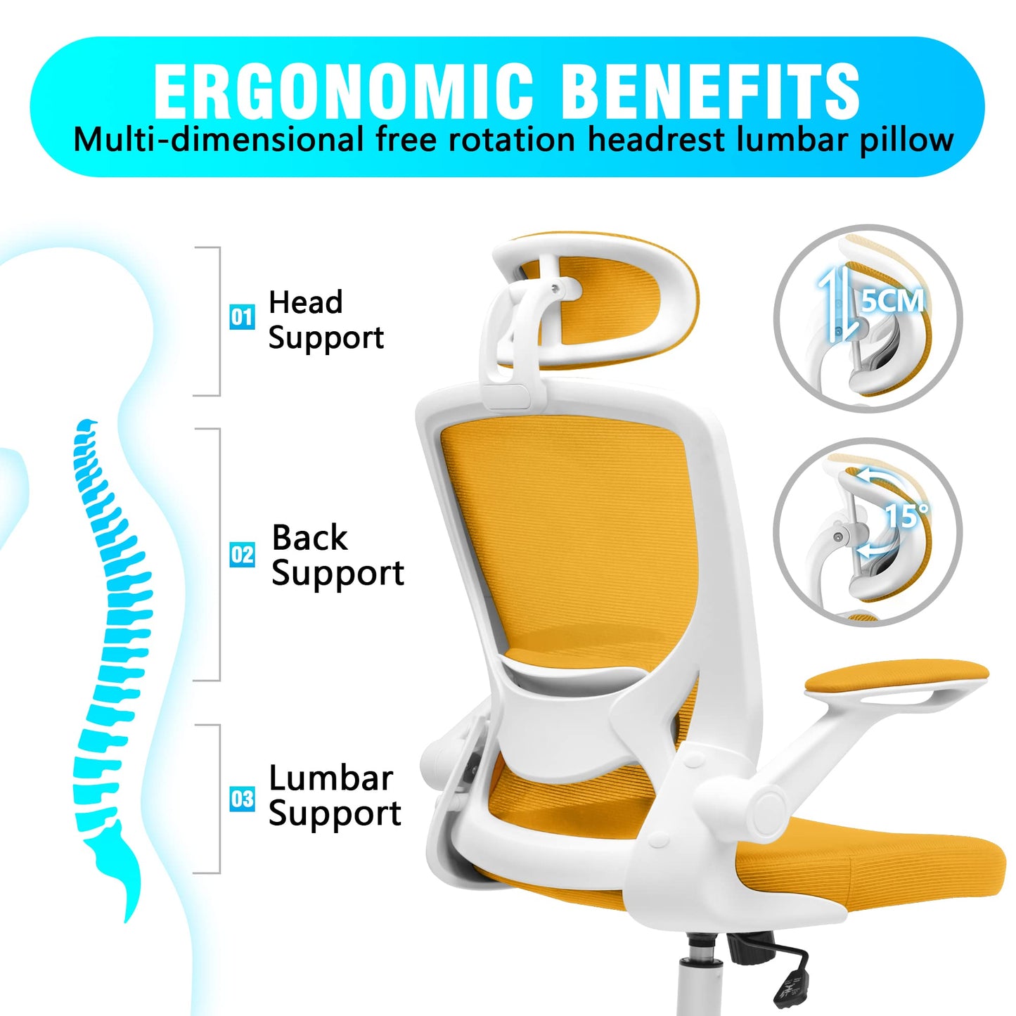 KERDOM Office Chair Ergonomic, Breathable Desk Chair with Adjustable Headrest, Armrests, Swivel function up to 135°, Executive Chair made of Mesh.