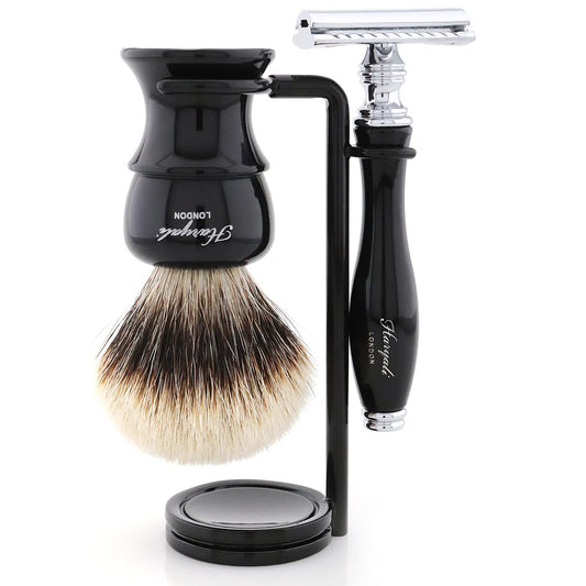 Haryali London Shaving Set - safety razor, badger hair shaving brush, shaving stand - double edge razor blades safety razor - 3 piece safety razor set - Black shaving brush set as a gift set