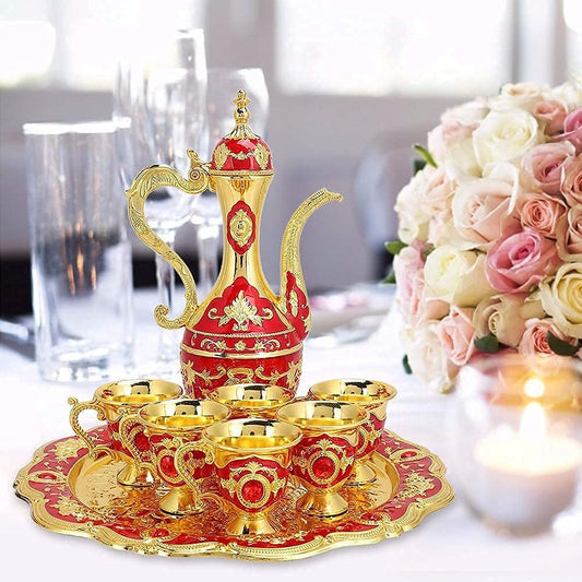 Turkish coffee set, 6-piece metal tea service with tray and gold decoration for traditional tea ceremony household accessories.