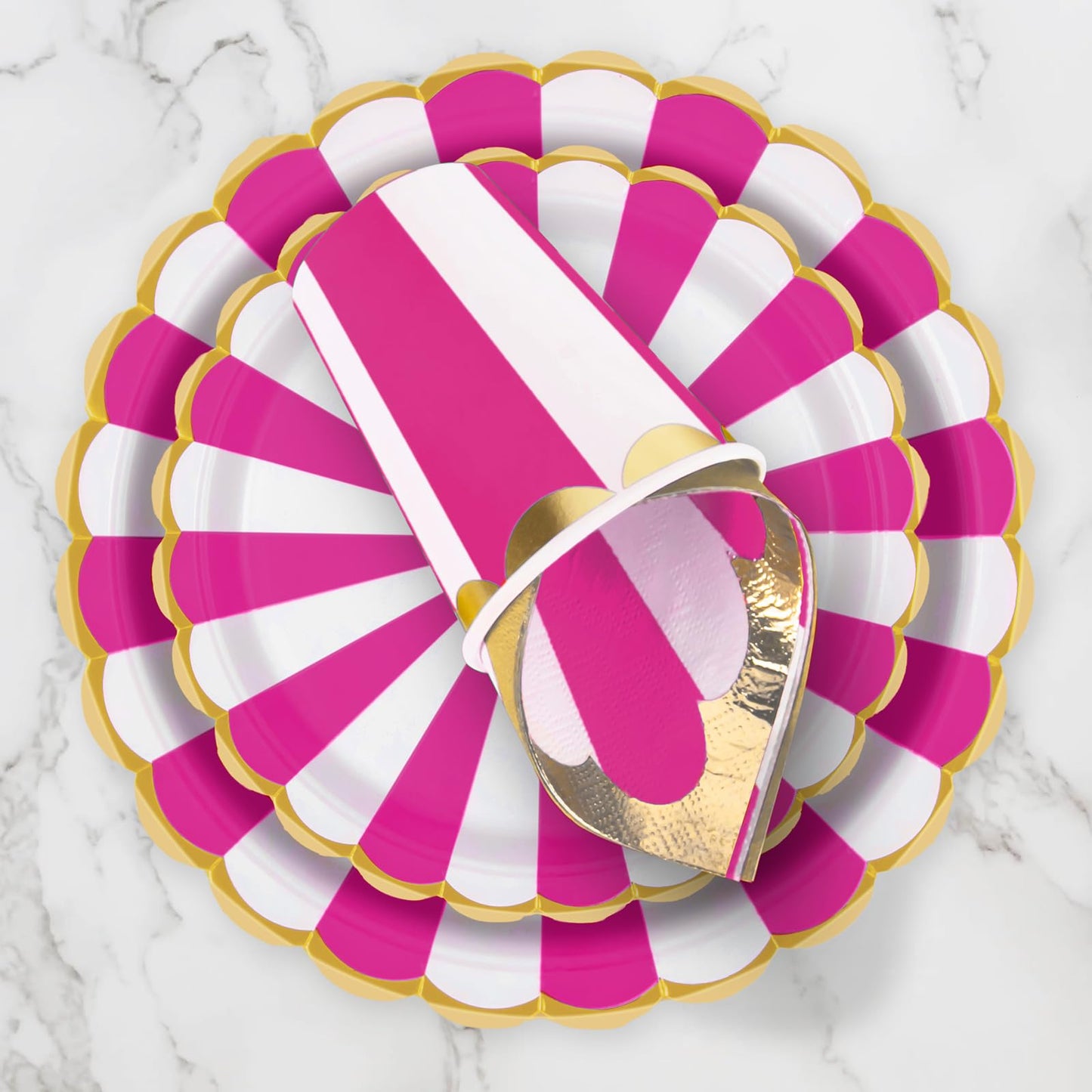 PARTY GO 96 Piece Partyware Set, Circus-themed Partyware Set, Peach and White Striped Circus-themed Birthday Tableware, Circus Party Supplies (24 Guests)