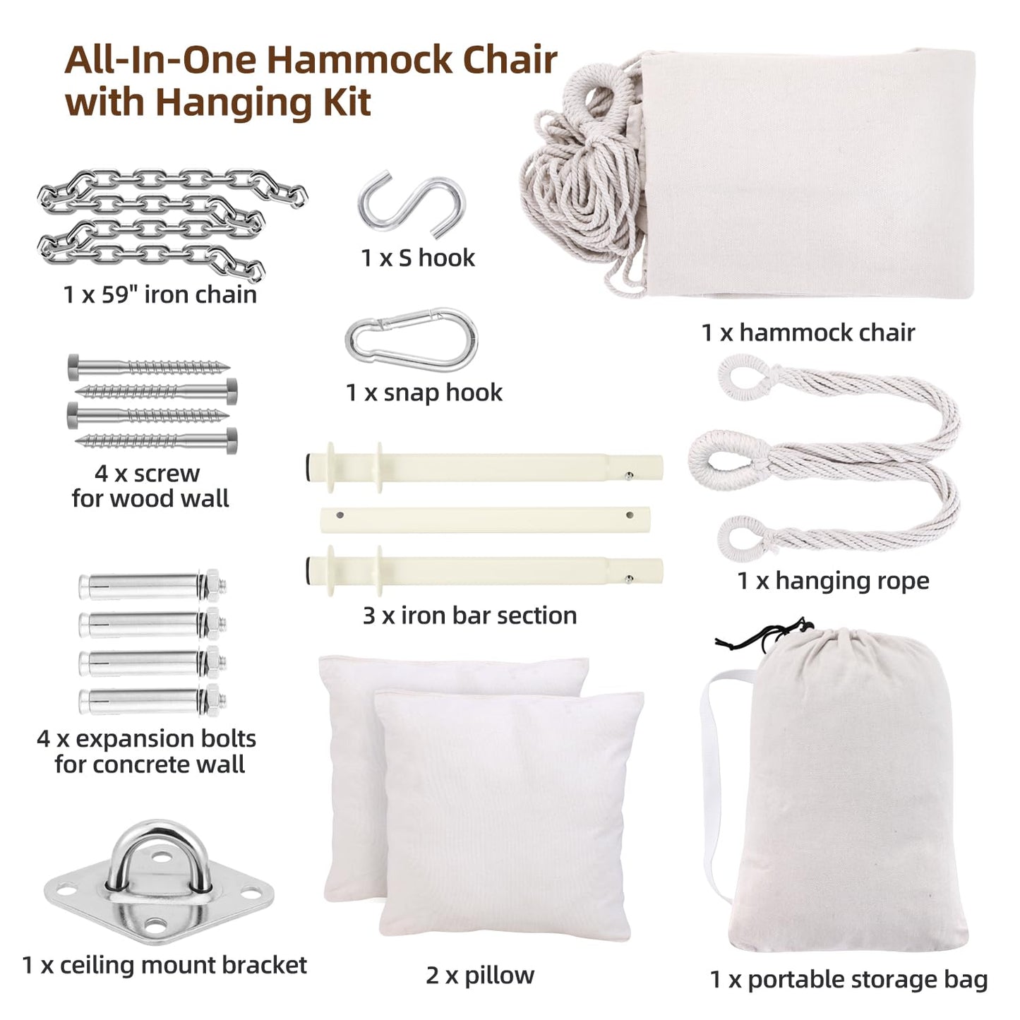 Ohuhu hanging chair with 2 pillows and ceiling hook kit, outdoor XL hanging chair up to 150 kg for adults & girls, hanging seat suspension for indoor/outdoor bedroom and garden (white rice)