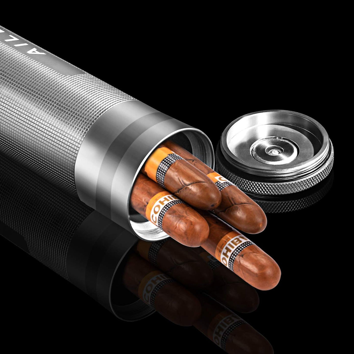 AILE Cigar Stainless Steel Humidor, Silver Travel Cigar Case, Tube for 3-4 cigars, Portable Cigar Case, Cigar Hygrometer, great gift for aficionados.