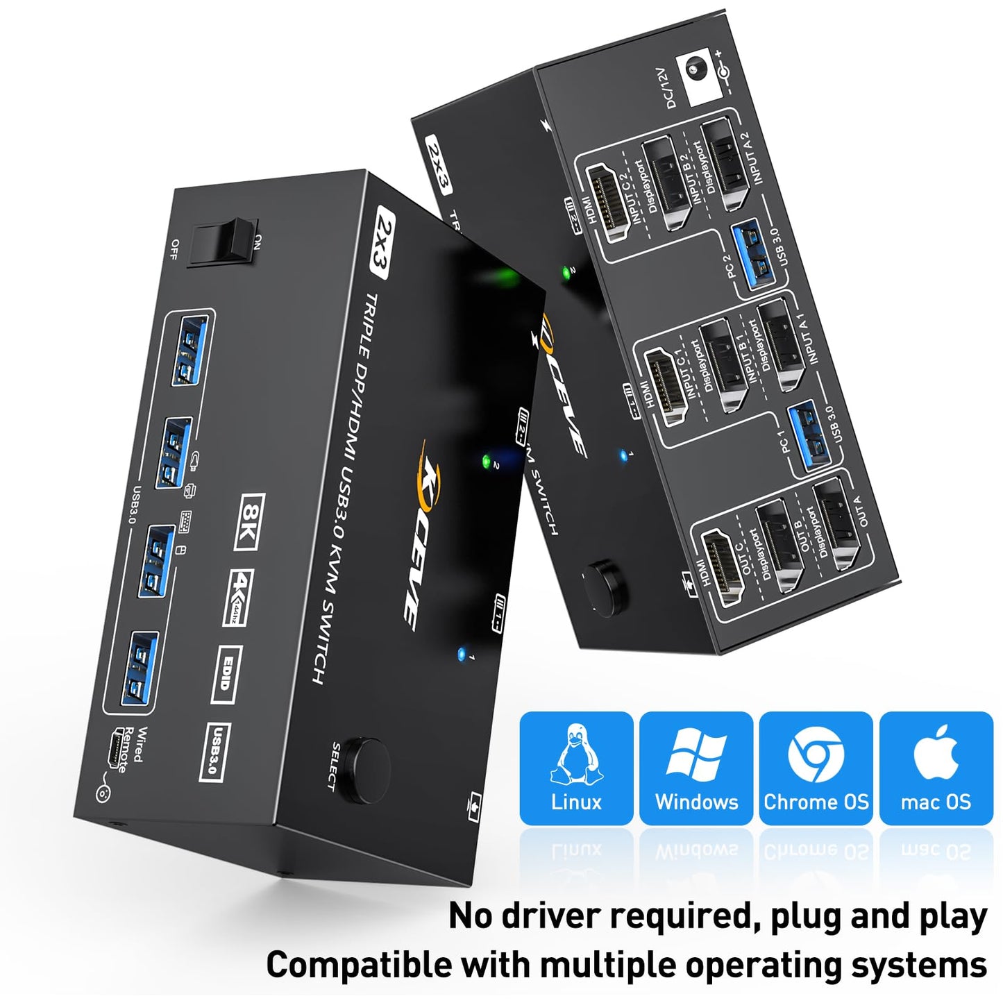 KCEVE KVM switch for 2 computers and 3 monitors, USB 3.0 KVM switch HDMI + DisplayPort, 8K@60Hz/4k@144Hz triple monitor KVM switch for 2 computers, 3 displays, and 4 USB 3.0 devices.