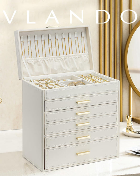 Vlando Modern Jewelry Box Large, Jewelry Storage with 6 Levels, Jewelry Box for Women, for Earrings, Rings Jewelry Storage, with Drawers, Mirror, Watch Pillow, Gift for Women