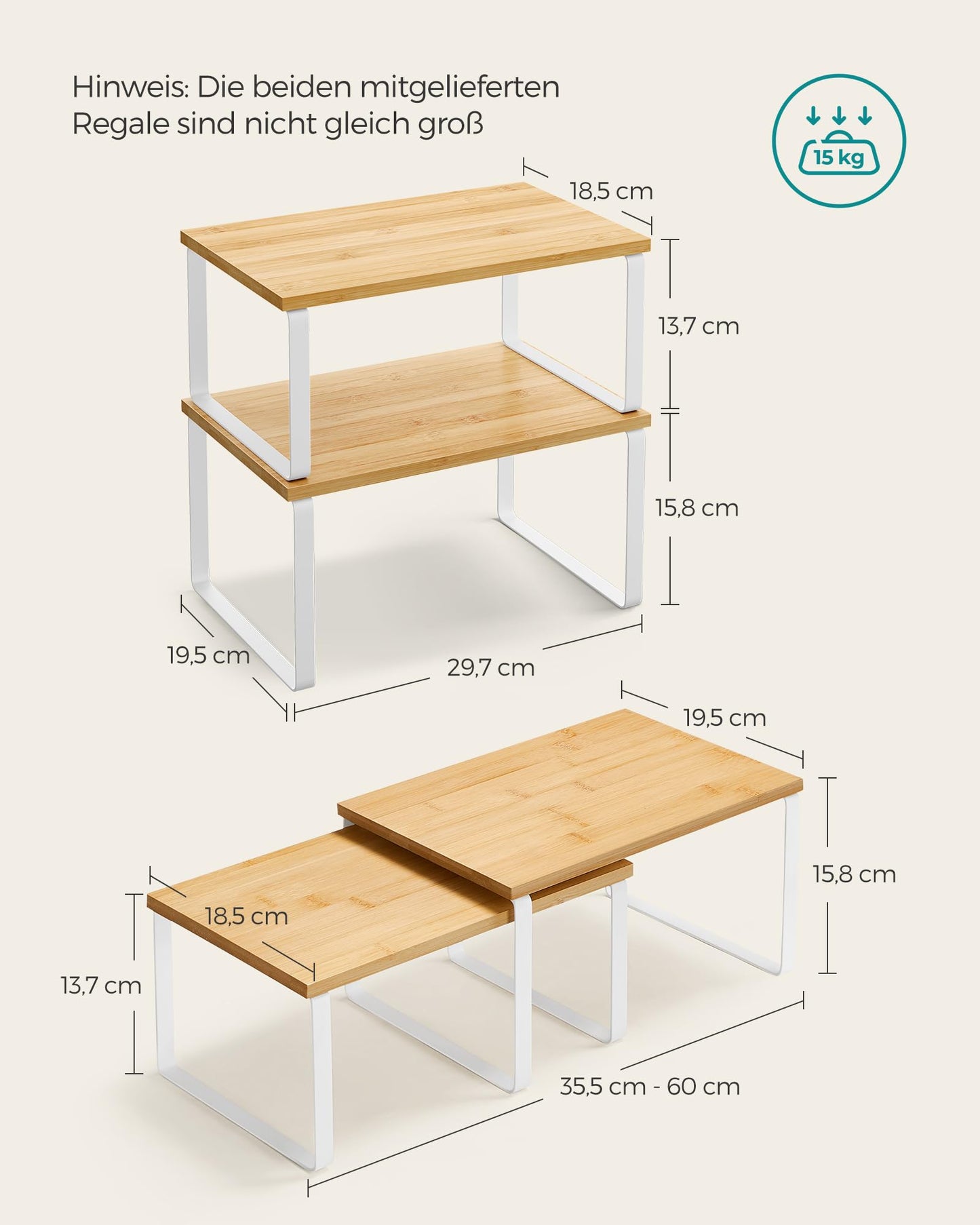 SONGMICS spice rack, set of 2 kitchen organizers, cabinet organizer for kitchen, expandable, small shelf, stackable, made of metal and wood composite, cloud white-natural beige KCS02NW.
