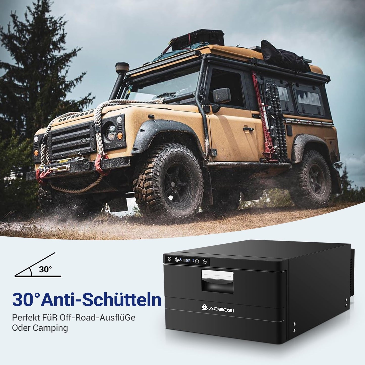 AAOBOSI 31L drawer compressor cooler, RV fridge with APP control, 12/24V, compressor refrigerator, up to -20℃ cooling drawer for car, truck, boat, RV, camping, and outlet.
