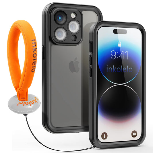 Inkolelo waterproof case for iPhone 14 Pro, 360-degree protection underwater phone case with floating wrist strap, IP68 waterproof dustproof shockproof phone pouch 6.1" (Black/Orange)