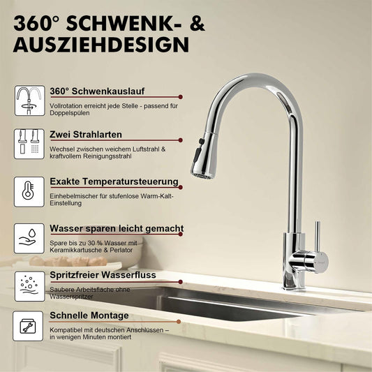 Ibergrif Kitchen Faucet Pull Out Stainless Steel 360° Swivel, Mixer Tap with 3 Spray Modes, 50cm Cold-Warm Water Connection Hoses, Easy Installation, Polished Chrome