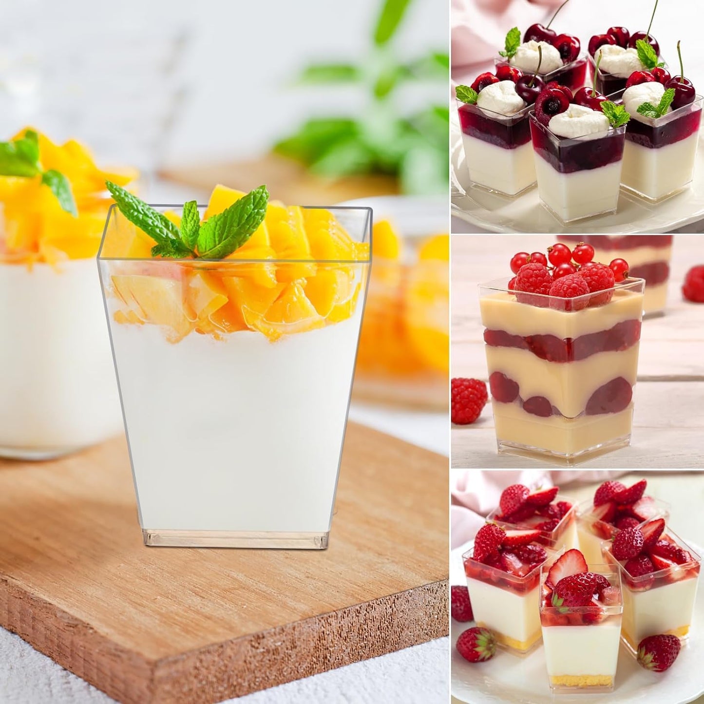 50 pieces of dessert cups with 50 spoons, 8 OZ/240ML clear dessert bowls. Reusable square and trapezoid dessert cups for home, desserts, pudding, mousse, ice cream, and parties.