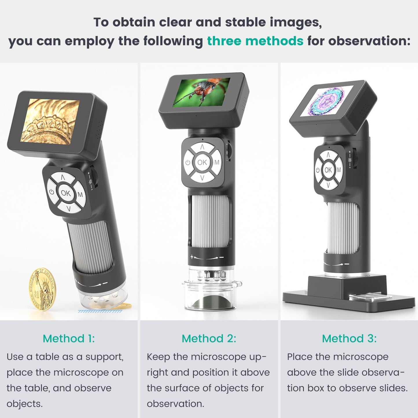 Andonstar AD112 Portable Pocket Microscope Kit for Kids and Adults with 2-inch LCD Screen, Mini Handheld Digital Microscope 500x with 8 adjustable LED lights, Windows PC compatible.
