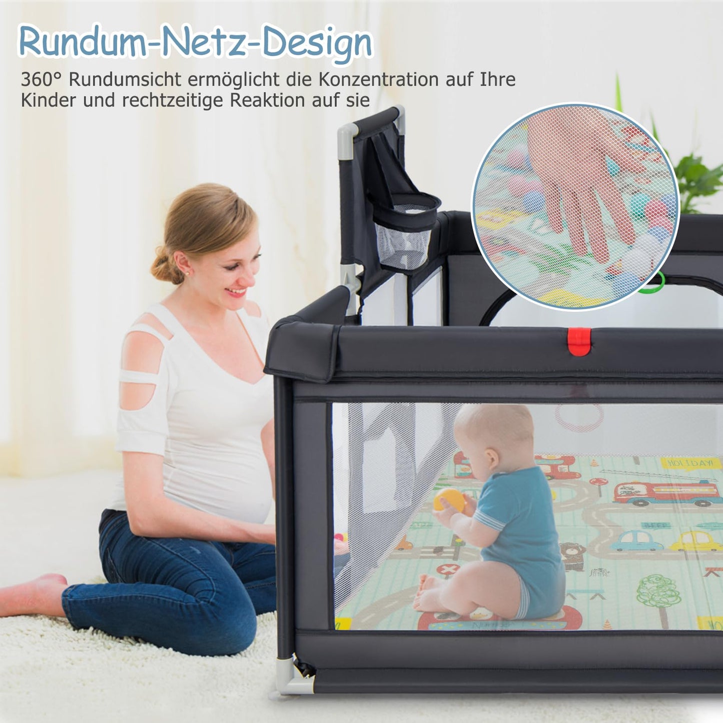 DREAMADE playpen for baby, 188 x 157cm playpen with mattress & basketball hoop & pull ring, safety gate with non-slip base, playpen for kids.